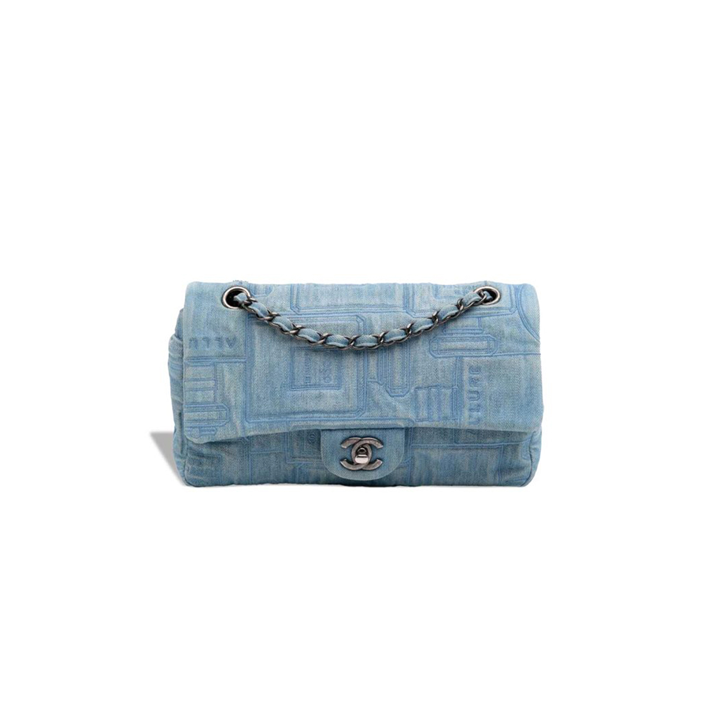 CHANEL MEDIUM PERFUME BOTTLE SINGLE FLAP CF EMBROIDERED DENIM SHOULDER BAG (25*16*6cm)